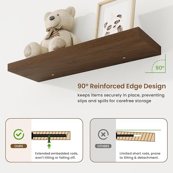 30in Floating Shelves for Wall, 30"W x 9.25"D x 1.25"H, 2 Pack Long Wall Mounted Engineered Wood Shelves with Invisible Brackets for Living Room, Bedroom, Bathroom, Kitchen Decor and Storage, Walnut