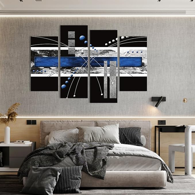 1 KINGO Black Blue Canvas Wall Art - 4 Piece Modern Abstract Painting for Office, Living Room & Bedroom Decor, Contemporary Home Art Print, Large Blue and Gray Wall Decor (16"x32"x2, 16"x 42"x2)