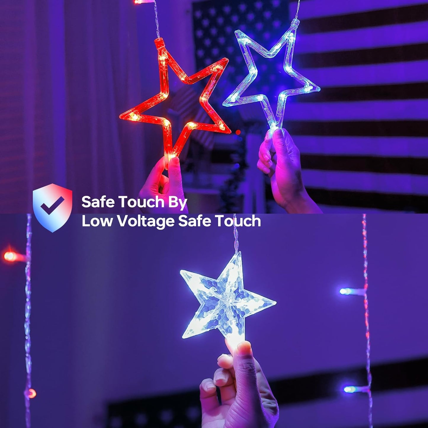 4th of July Patriotic Star Icicle Lights,8.2ft 126LED red White and Blue Curtain String Waterproof, 8 Modes with Timer Connectable Independence Day Decorations Window Lights for Outdoor Indoor