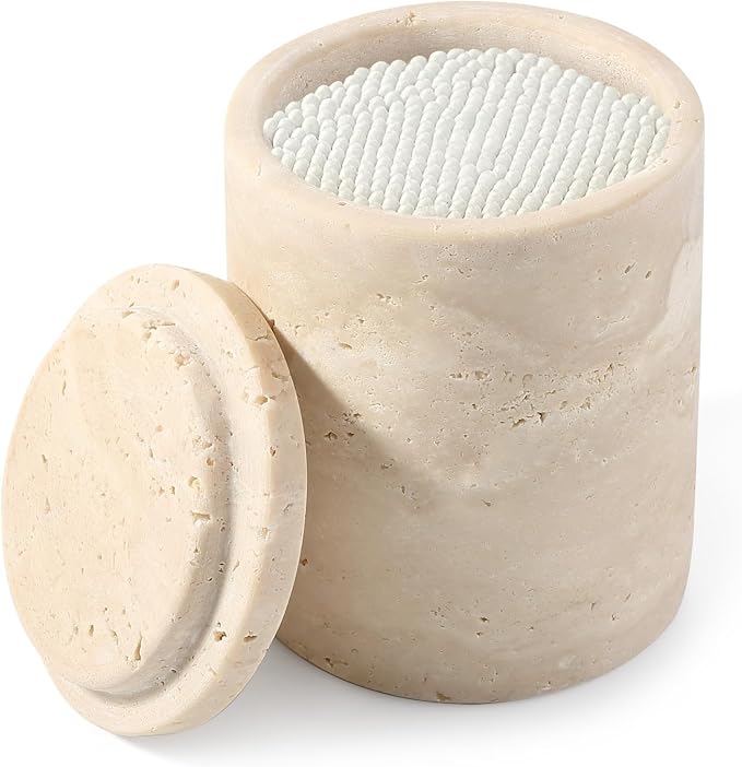 Marble Qtip Holder, Travertine Bathroom Accessories Toothbrush Holder with Lid for Cotton Swabs,Cotton Swabs, Jewelry, Floss Picks, Bathroom Essentials Decor Restroom Vanity Decor