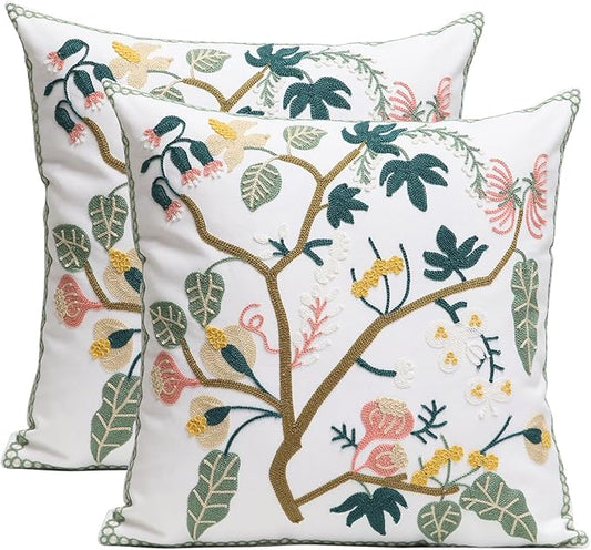 Pack of 2 Embroidered Decorative Throw Pillow Cover 18x18 Inch Farmhouse Floral Pillowcase for Living Room Sofa Bed (Spring Tree Floral)