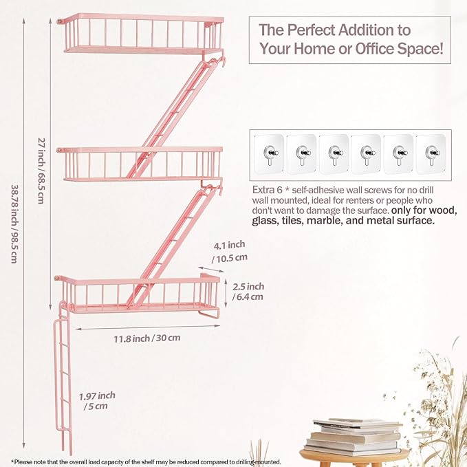 SweetSage Fire Escape Shelf - Pink Wall Decor Floating Shelves, Cute Metal Ladder Shelving for Bedroom, Home Decor Display (3-Tier)