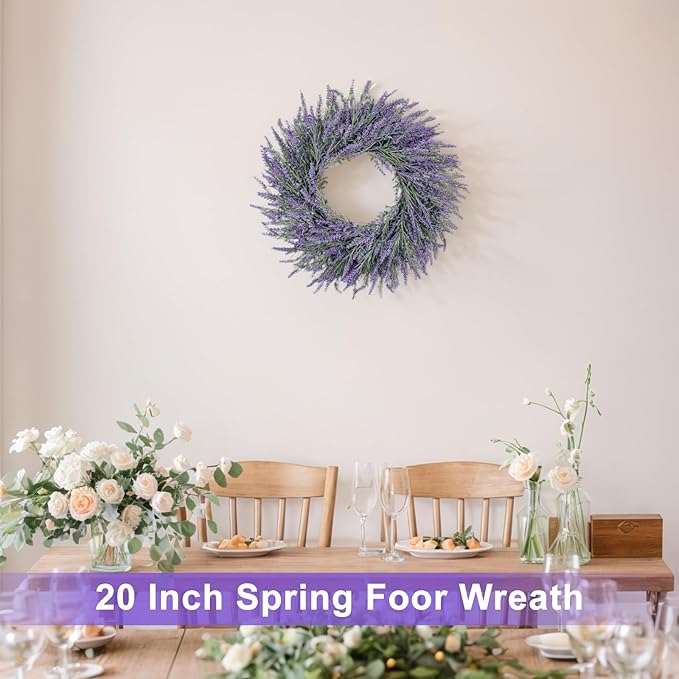 LZNPA 20 Inch Summer Spring Wreaths for Front Door Romance Lavender Wreath, Elegant Artificial Front Door Wreath for All Season Spring Decorations for Home Wall Entryway Farmhouse Porch Room Decor