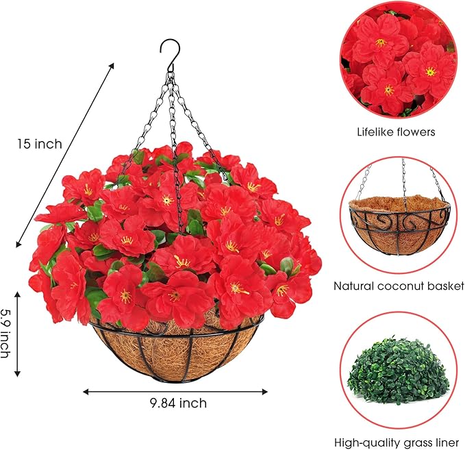 Ouddy Decor Artificial Hanging Flowers with Basket, Silk Fake Azalea Flowers in Coconut Lining Hanging Basket for Indoor Outdoor Yard Garden Patio Home Room Porch Decorations (Red)