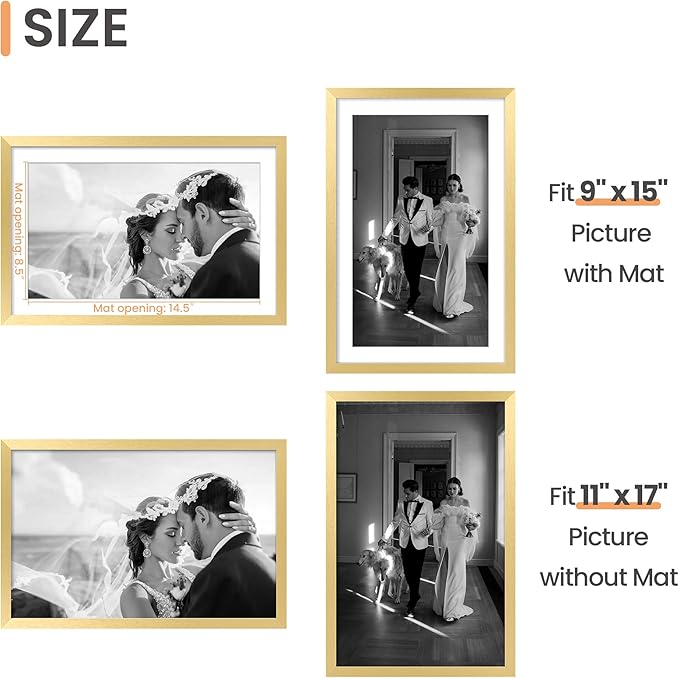 upsimples 11x17 Picture Frame, Display Pictures 9x15 with Mat or 11 x 17 Without, Wall Hanging Poster Frames, Gold, 1 Pack