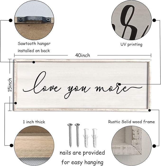 Love You More Sign Wall Decor 40''×15'' Large Vintage Framed Wood Modern Farmhouse Wall Decor for Master Bedroom Above Over Bed Minimalist Wall Art Hanging (White)