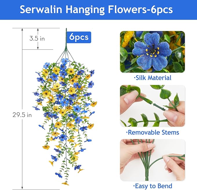 Serwalin 6PCS Artificial Hanging Flowers for Outdoors, UV Resistant Fake Hanging Plants, Realistic Weatherproof Outdoor Decor for Patio, Porch, Garden & Window (Yellow& Blue,6PCS)