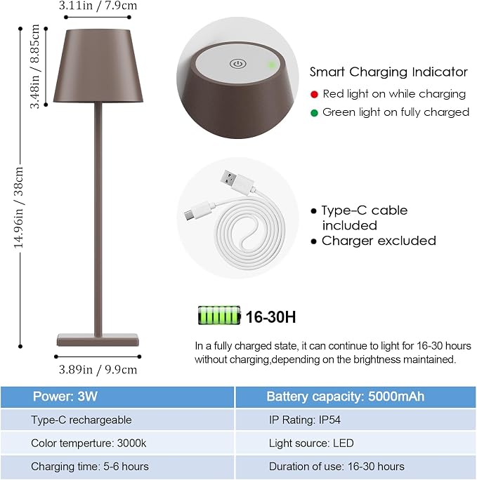 2 Packs LED Cordless Table Lamp, Rechargeable Battery Desk lamp 5000mAh Battery Operated Stepless Dimming Modern Portable Table Light for Restaurant/Table/Bedroom/Outdoor IP54 Waterproof (Rust Red)