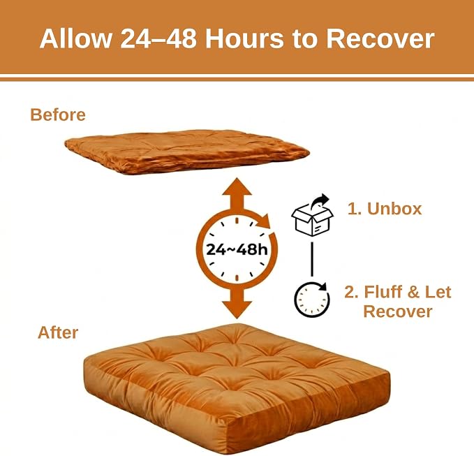 Floor Pillow for Adults, Soft Velvet Floor Cushion for Sitting, Single Square Tufted Floor Pillow for Reading Nook, Living Room, Bedroom, 22 x 22 Inch, Orange