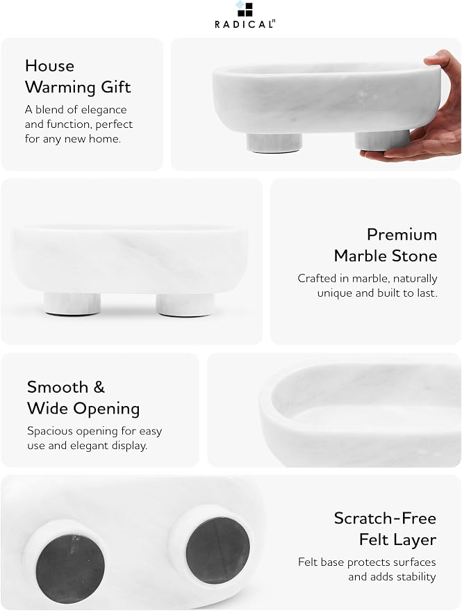 Radicaln Marble Oval Bowl With Stand 10" Inches White Handmade Key Bowl For Entryway Table, Ideal Decorative Bowl, Candy Dish & Candle Bowl, Marble Fruit Bowls