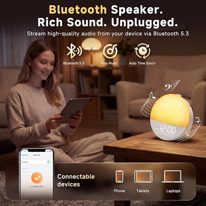 Geuuap Sunrise Alarm Clock White Noise Machine | Natural Wake-Up Light for Bedroom with 30 Soothing Sleep Aids, Bluetooth Speaker, Dimmable Clock, Screen-Free Design for Baby Adults Kids-White