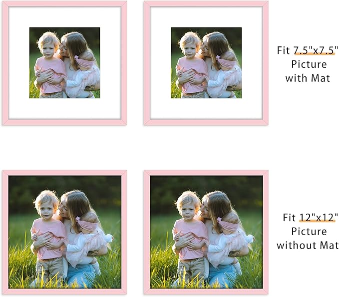 Picrit 12x12 Picture Frame Set of 12, Display 8x8 with Mat or 12 x 12 without Mat, Photo Frames for Wall Mounting Display, Pink