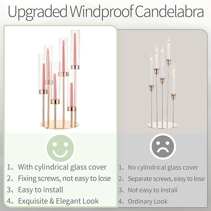 Hurricane Glass Taper Candle Holders: 6 Arm Gold Candelabra Candlestick Holders 24" Tall Candle Holder Candlestick Hurricane Large Gold Candle Holders with Removable Glass Cover Wedding Party Home