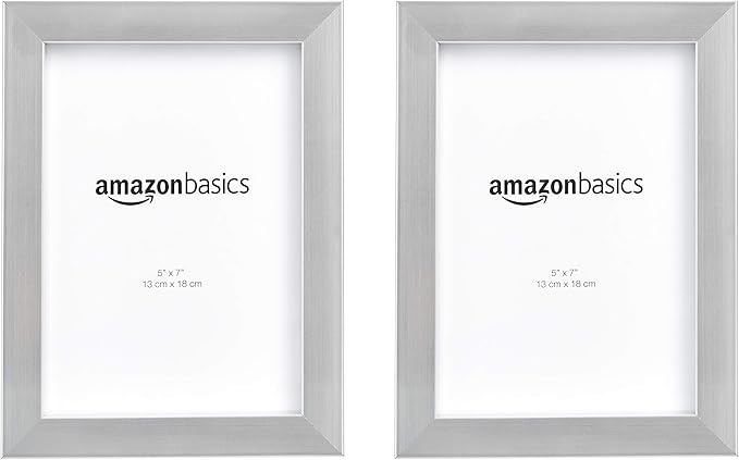 Amazon Basics Rectangular Photo Picture Frame Set, 5" x 7", Wall Hanging or Tabletop Display, Real Glass, Nickel, 2-Pack
