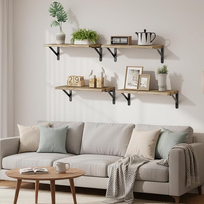 Fixwal Floating Shelves for Wall, Wood Wall Mounted Shelves for Bedroom, Bathroom, Living Room, Kitchen Storage and Decor(Rustic Brown, Set of 4, 16.5 Inch)