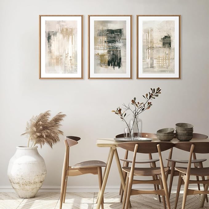 Modern Abstract Framed Canvas Wall Art Set, Minimalist Neutral Wall Decor, Textured Stroke Art Prints, Beige Black White Painting for Living Room, Bedroom, Office -24''x36''x3