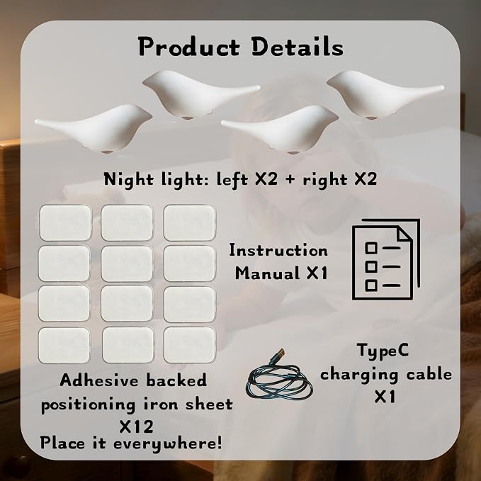 Cute Bird Night Light: Motion Sensor Lights Indoor - Magnetic Mounting & 3 Color Dimmable - One Charge Three Weeks of Worry-Free Use - 4-Pack Set (White)