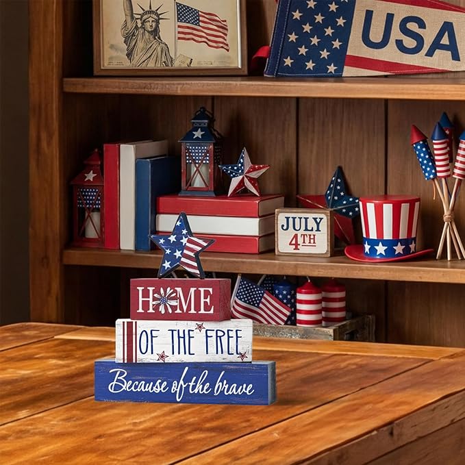 Smile 4 Pcs Veterans Day Patriotic Memorial Day Indoor Wooden Decor, Home of Free Tiered Tray Farmhouse Table Decoration for Home and Office