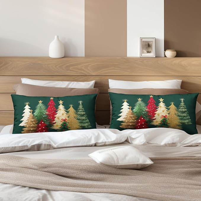 Green Christmas Lumbar Pillow Covers Christmas Tree Throw Pillow Case 12x20 Set of 2 Winter Xmas Rectangular Pillowcase Holiday Cushion Case for Living Room Bedroom Couch Sofa