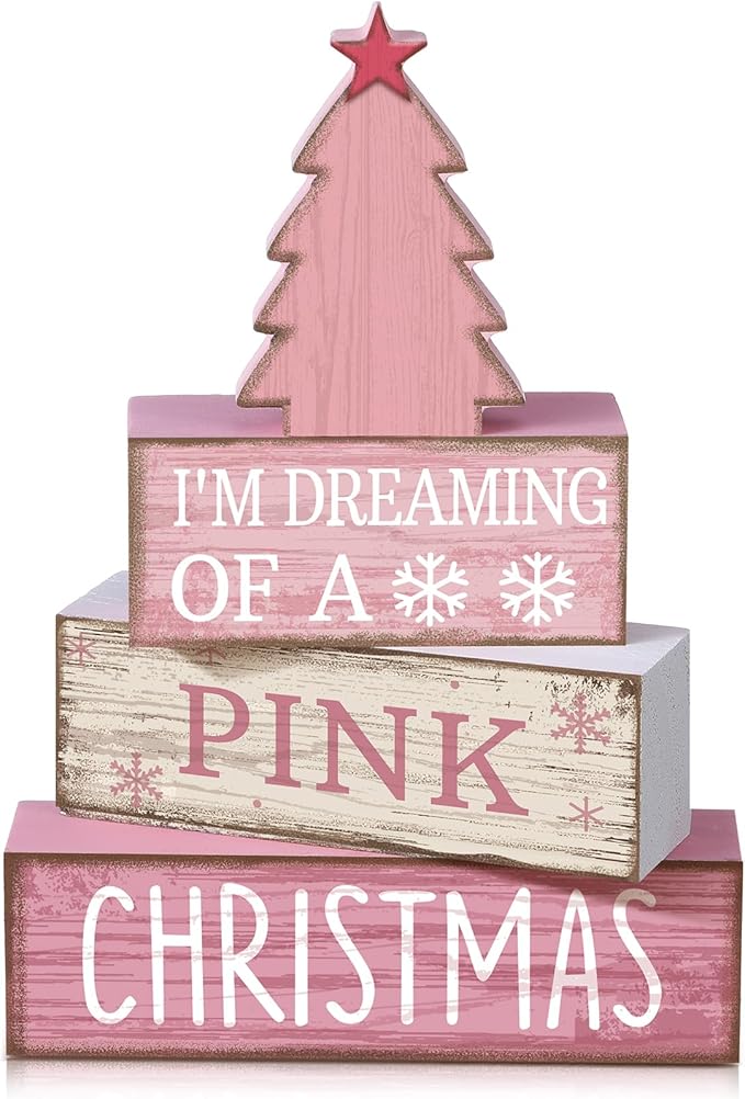 Lineshading 4 Pcs Christmas Table Decoration Wooden Pink Christmas Tree Centerpieces Decor Winter Tiered Tray Decor Rustic Decorative Tree Block Signs Gift Farmhouse Xmas Decoration for Home Kitchen