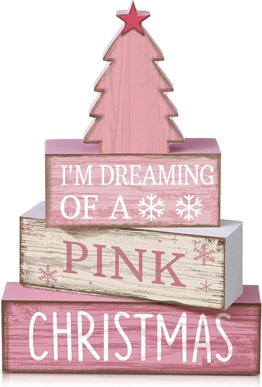 Lineshading 4 Pcs Christmas Table Decoration Wooden Pink Christmas Tree Centerpieces Decor Winter Tiered Tray Decor Rustic Decorative Tree Block Signs Gift Farmhouse Xmas Decoration for Home Kitchen
