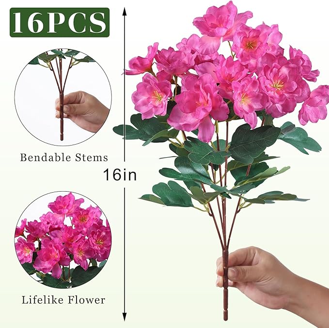 16 Bundles Artificial Flowers for Front Door, Fake Silk Azalea Bouquet Silk Flowers for Outside UV Resistant Realistic Faux Plants for Planter Farmhouse Patio Garden Walkways Home Decor (Rose Red)