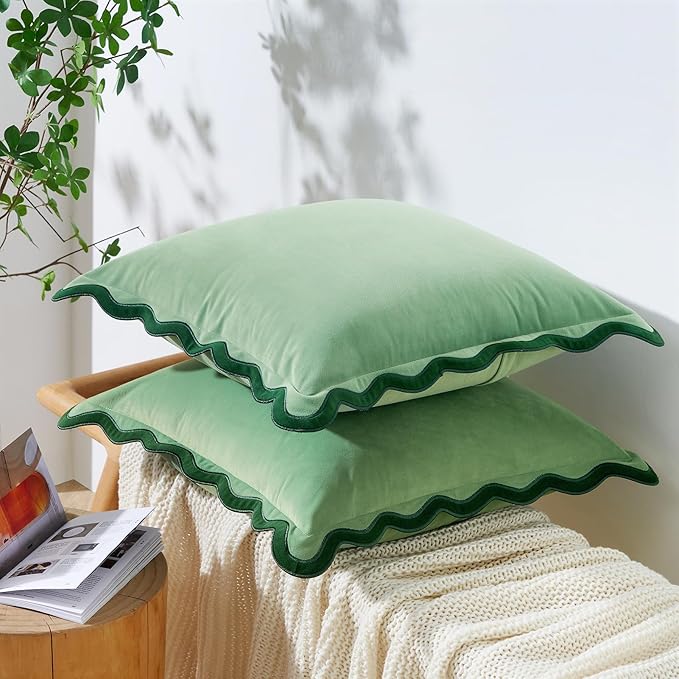 MONDAY MOOSE Decorative Throw Pillow Covers Cushion Cases, Set of 2 Soft Velvet Scalloped Wavy Edge Designs, Mix and Match for Home Decor, Pillow Inserts Not Included (18x18 inch, Green/Light Green)