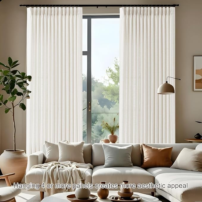 Pinch Pleated Linen Curtains 96 Inches Long for Living Room, Beige White Light Filtering Pleat Drapes Textured Thick Floor to Ceiling Semi-Sheer Curtain with Hooks for Bedroom Farmhouse, 2 Panels