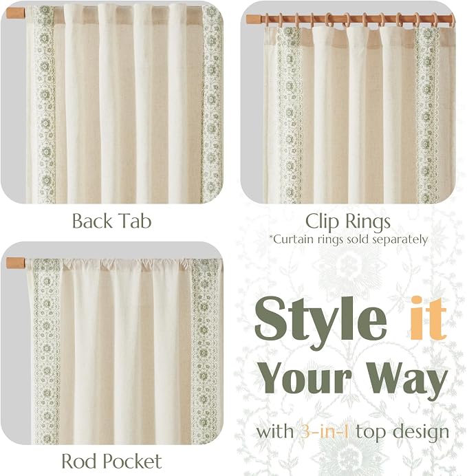 jinchan Weslie Boho Curtains for Living Room Sage Green Vintage Floral Farmhouse Curtains 108 Inches Long Linen Drapes for Bedroom Embroidered Extra Long Light Filtering Drapes 2 Panels
