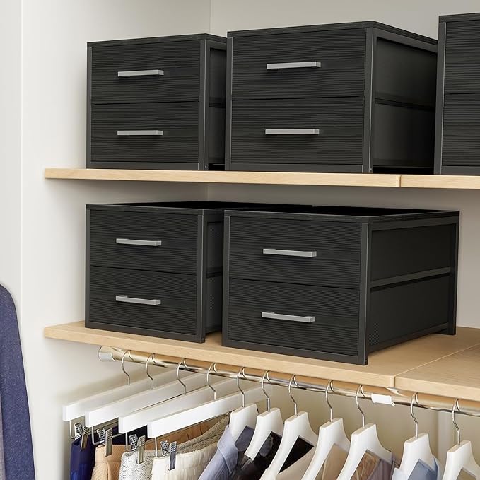 BOLUO Stackable Storage Drawers Narrow Closet Organizers and Storage Fabric Black 2 Drawer Dresser for Bedroom Modern