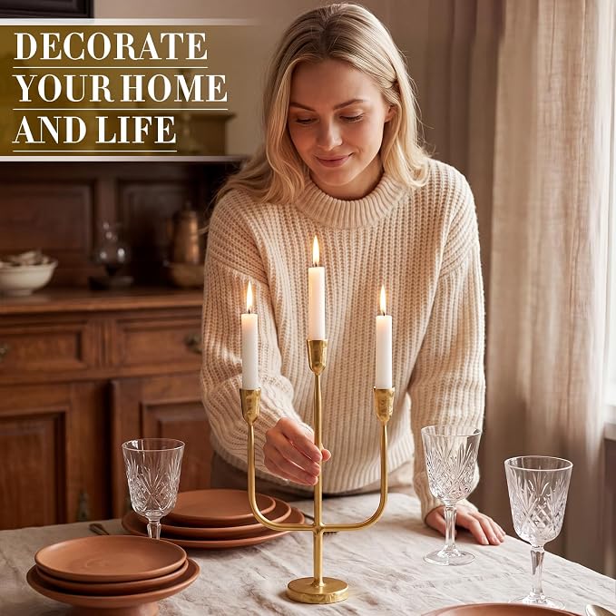 1 Pcs 16 Inch 3 Arm Metal Candelabra Cast Iron Taper Candelabra Vintage Tall Candle Holder Decorative Candlestick Holder for Wedding Antique Table Centerpiece & Mantel Decor (Gold)