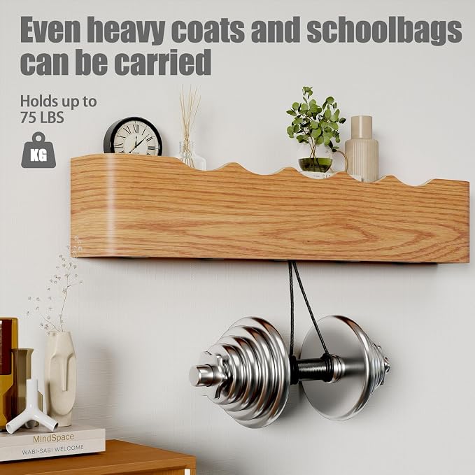 Coat Rack Wall Mount with Shelf 5 Hidden Hooks Modern Wooden Key Holder Entryway Organizer for Hallway Bedroom Bathroom Home Decor Storage for Hanging Coats Hats Bags Towels, Wave-Shape Oak