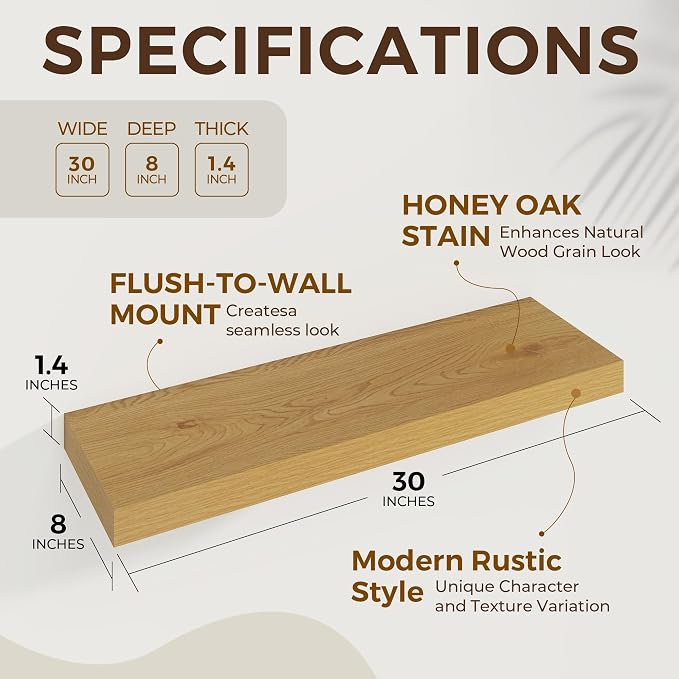 Dreamland 30Inch Floating Shelves 8" Deep Wall Mounted Set of 2 Oak | Wall shelves for bathroom, bedroom, Living Room, kitchen, deep wall mount wood storage display for home decor 30" x 8"