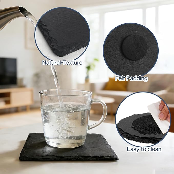 72 Pieces Slate Coasters, Diameter Size 4 inch Black Coasters Stone Coaster Set, Perfect for use in Your Home, Office, Kitchen,bar,Christmas or Anywhere.（36 Square Pieces+36 Round Pieces）