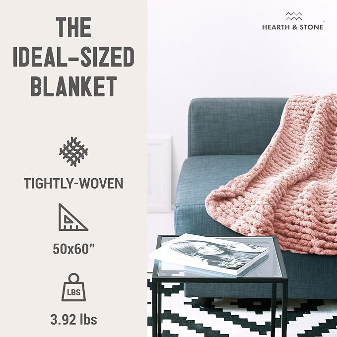 Chunky Knit Blanket Throw - 50"x60" 3.7 lbs.- Soft Chenille Yarn Knitted Blanket -Machine Washable Crochet Blanket - Handmade Cable Knit Throw Blanket for Couch, Bed (Blush Pink) | Soft chenille chunky knit throw blanket in blush pink â€“ handmade cabl...