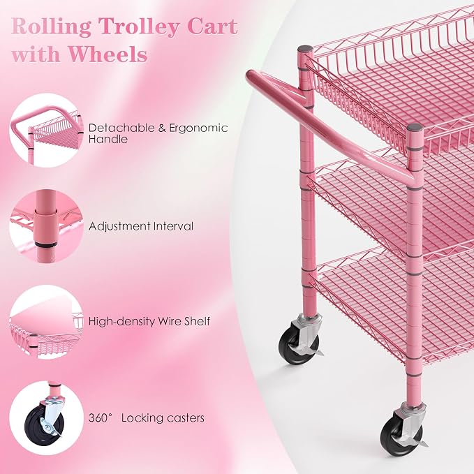 NTE Utility Cart with Wheels, 990lbs Capacity Metal 3 Tier Rolling Carts, NSF Kitchen Carts On Wheels with Storage, Heavy Duty Utility Cart with Handle & Wire Shelf for Indoor & Outdoor Use, Pink