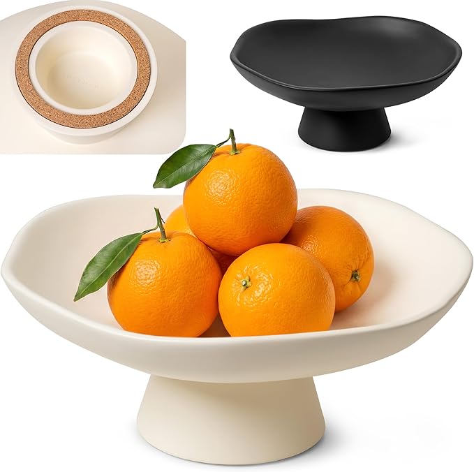 EDELHAUS Modern Concrete Fruit Bowl for Kitchen Counter – Cream White Decorative Pedestal Bowl, 11.2” Wide Minimalist Fruit Tray for Home Décor, Table Decor, Entryway Key Bowl