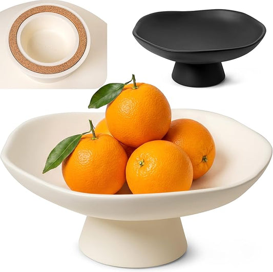 EDELHAUS Modern Concrete Fruit Bowl for Kitchen Counter – Cream White Decorative Pedestal Bowl, 11.2” Wide Minimalist Fruit Tray for Home Décor, Table Decor, Entryway Key Bowl