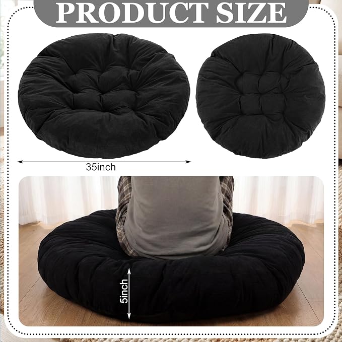 Funnymoom 35" Large Floor Cushion Round Meditation Floor Pillow Papasan Swing Cushion for Adults Oversized Playroom Pillows Reading Nook Big Pillow for Yoga Living Room Sofa Balcony(Black, Classic)