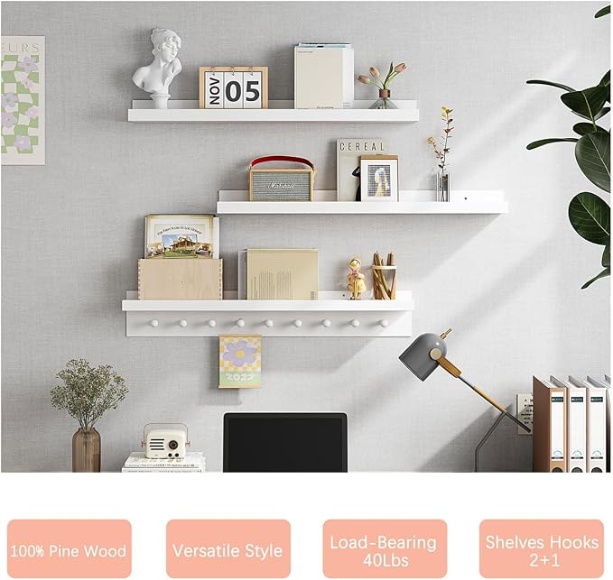 MBYD Solid Wood White Nursery Book Shelves for Kids Room, 36 Inch Wall Shelf with Hooks & Floating Shelf with Pegs, Picture Ledge to Organize Books, Baby Essentials, Declutter Space & Hang Clothes