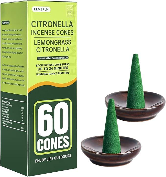 60 PCS Citronella Incense Cones Outdoor - Natural Citronella Incense Cone for Camping, Patio, Hiking,etc(Includes 2 Ceramic Dishes)