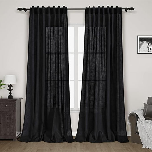 Black Linen Curtains 92 inches Long 2 Panels for Bedroom Back Tab Light Filtering Privacy Sheer Black Curtains Muslin Look Modern Farmhouse Cotton Textured Gauze Curtain for Living Room 2 Panel Set
