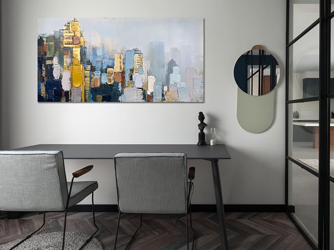 Arjun Neutral Wall Art Painting Abstract Art Wall Decor Canvas, Large Textured Skyline for Living Room Gold Painting Modern Wall Art for Men Bedroom Cityscape Artwork Home Office Wall Decor, 40"x20"