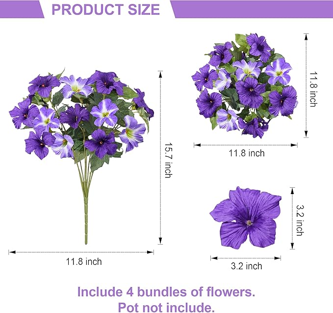 HyeFlora Artificial Flowers for Outdoors 4PCS Faux Petunias Silk Fake Flowers for Outside Planter UV Resistant Realistic Home Garden Porch Decor (Purple)
