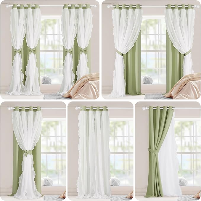 PONY DANCE Blackout Curtains for Whimsical Forest Teen Room，Double Layer Drapes Ruffle Sheer Overlay Farmhouse Rustic Design, W 52 x L 84 Inches, Meadow Green, 2 Panels