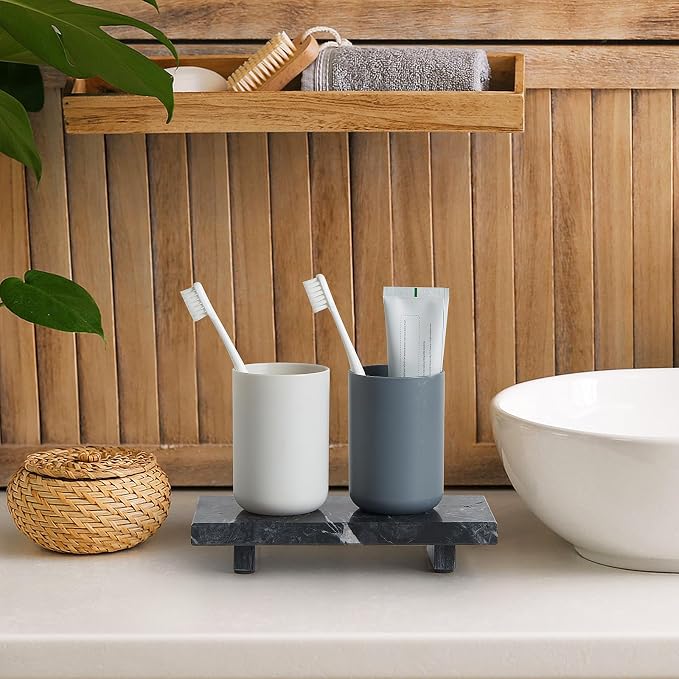 Natural Marble Tray Pedestal Stand – Soap & Jewelry Riser for Bathroom Counter, Kitchen Sink, Vanity Organizer, Decorative Stone Catchall for Perfume, Candles (Black, 8.7" x 4" x 1.6")