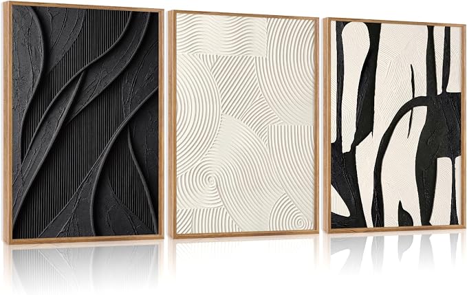 CHDITB 3D Textured Framed Canvas Wall Art Set, Black White Geometric Abstract Curve Impasto Minimalist Wall Decor, Modern Relief Art Prints for Living Room Hallway Bedroom Home Wall Decor 24"x36"x3