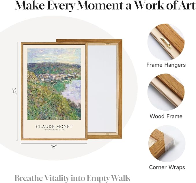 3 Piece Framed Monet Landscape Wall Art for Living Room, Large Impressionist Vintage Coastal Picture Canvas Prints Painting, Classic Nature Artwork Decor for Bedroom Hallway 16x24 Inch