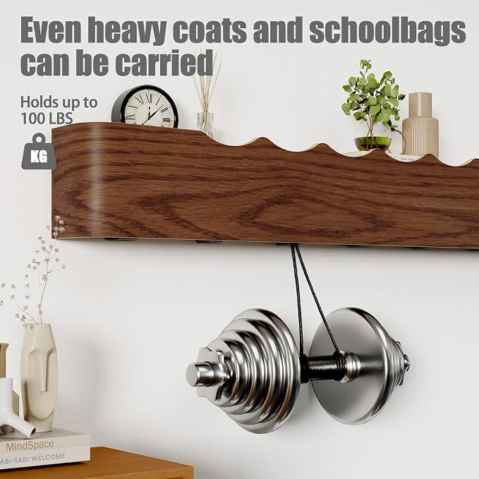Coat Rack Wall Mount with Shelf 8 Hidden Hooks Modern Wooden Key Holder Entryway Organizer for Hallway Bedroom Bathroom Home Decor Storage for Hanging Coats Hats Bags Towels, Wave-Shape Walnut