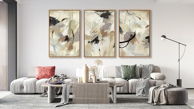 Large Framed Wall Art for Living Room Natural Wood Gold Float Framed Art Set of 3 Abstract Canvas Pictures Minimalist Artwork Canvas Prints for Bedroom Home Office Wall Decor 20X28inX3pcs